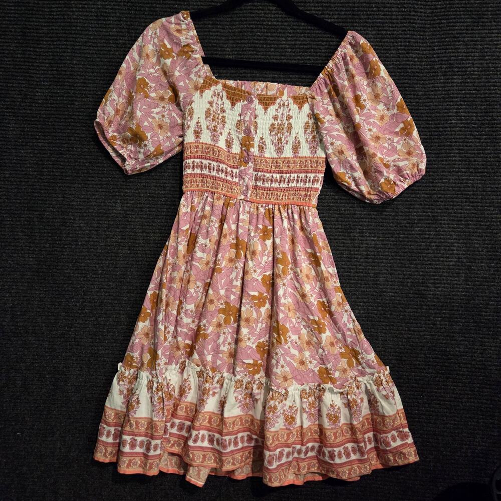 Floral Smocked Mini Dress Womens Small Puff Sleeve Boho Retro Pink Coquette
